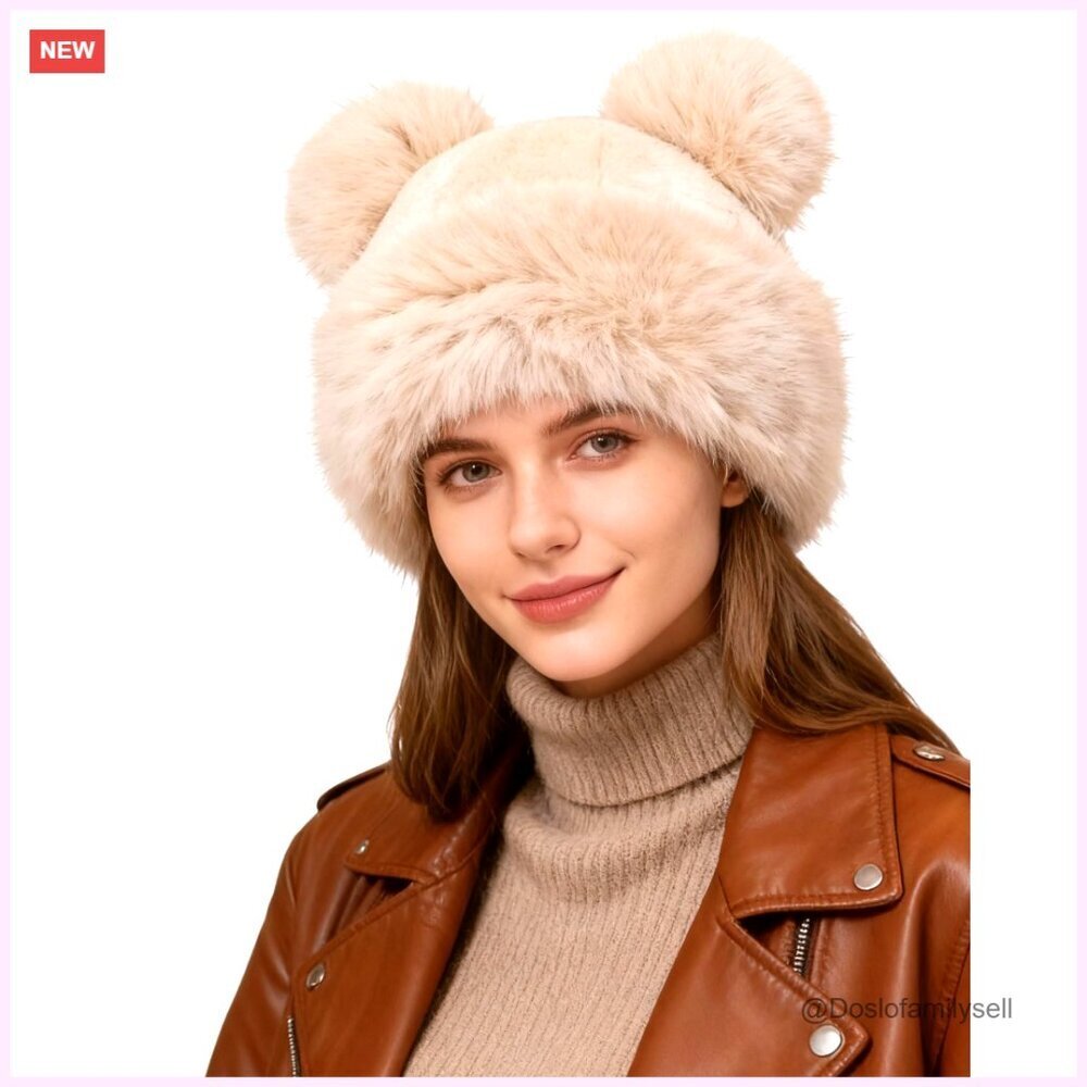 Winter Faux Fur Beanie with Pom Poms, Warm Fisherman Hat for Skiing